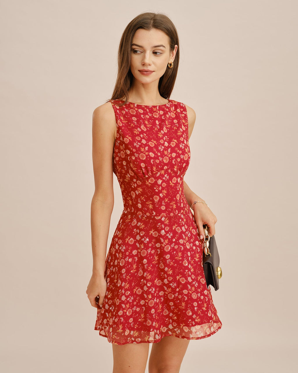 Floral Mini Dress with Red Boat Neck Design