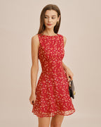 Floral Mini Dress with Red Boat Neck Design
