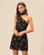 One-Shoulder Mini Dress in Black Jacquard