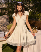 Apricot V-Neck Mini Dress with Lace Accents