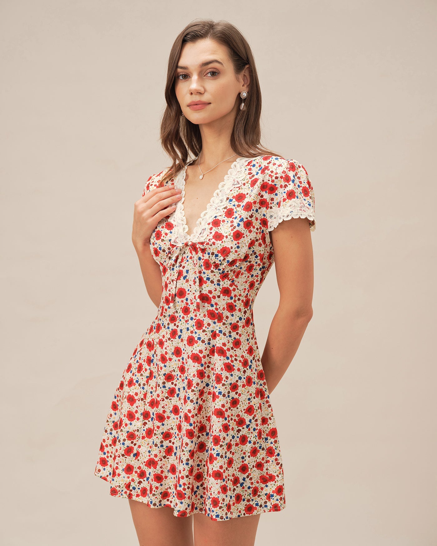 Floral Lace Mini Dress with Red V-Neck