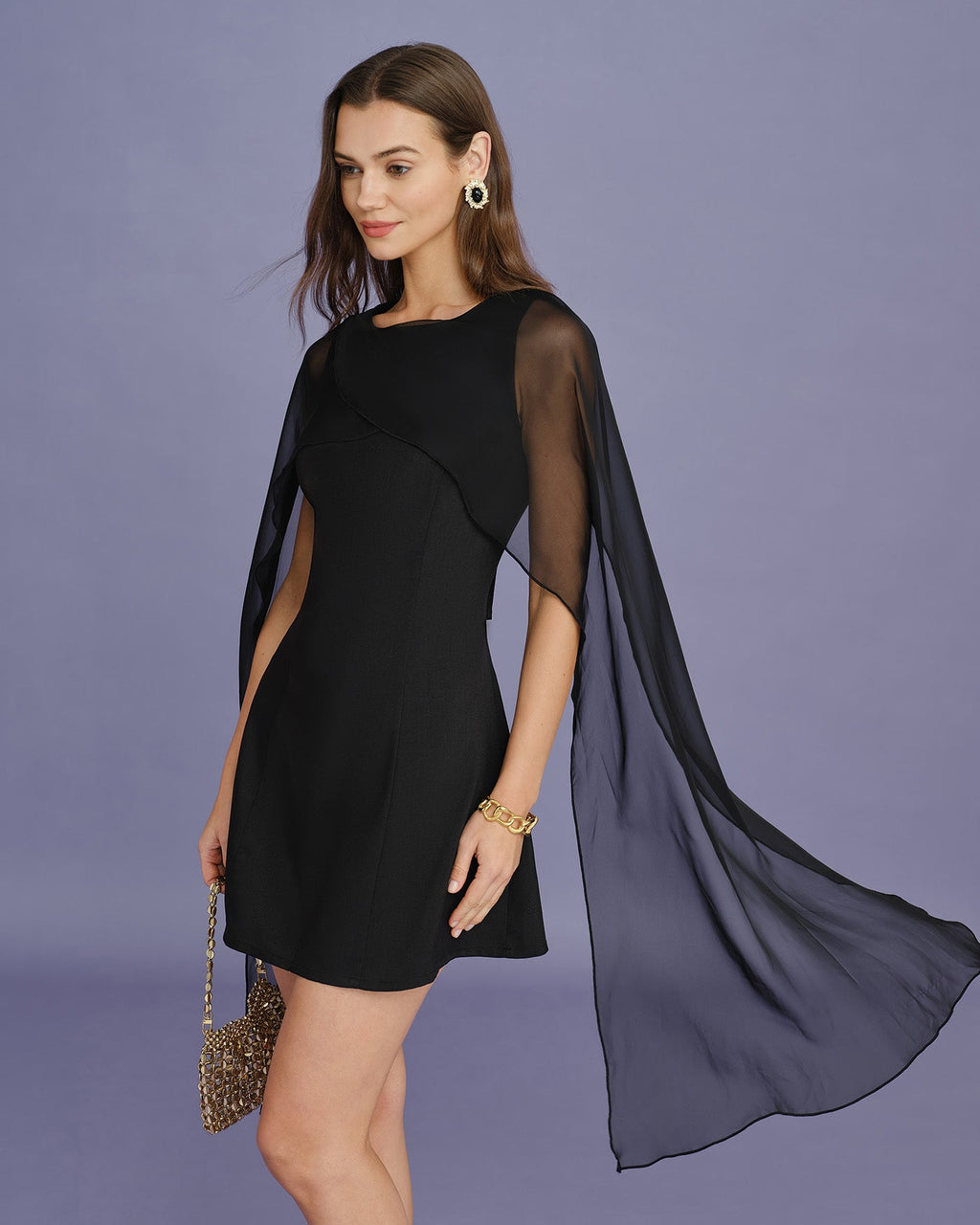 Flowy Mini Dress with Black Boat Neck