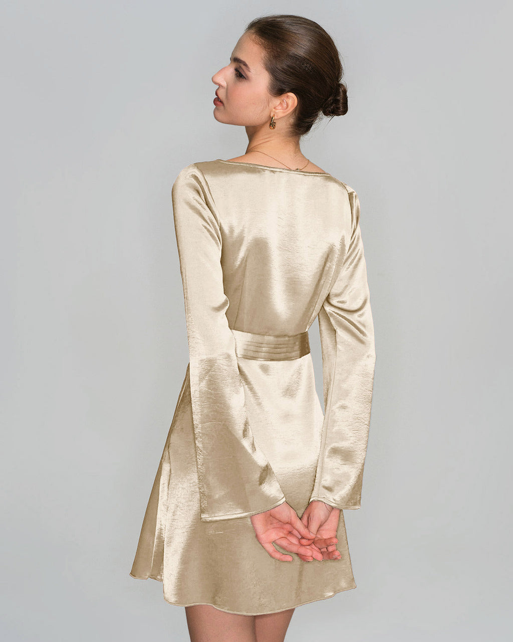 Apricot Satin A-Line Mini Dress with Boat Neck