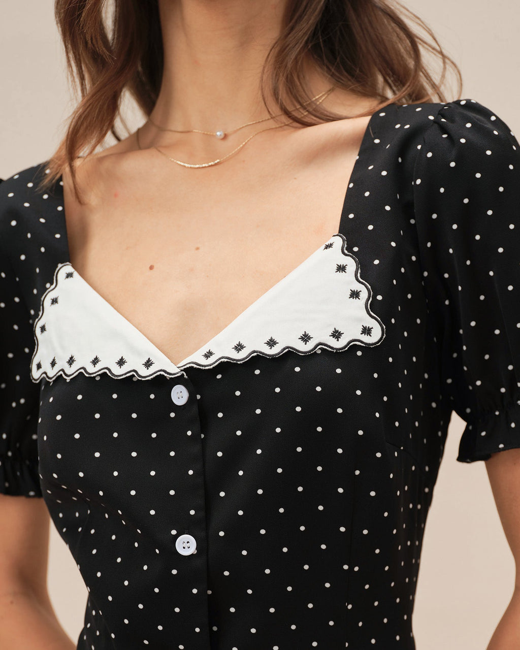 Polka Dot Mini Dress with V-Neck in Black