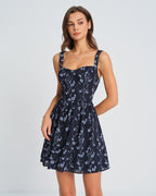 Navy Floral Mini Dress with Sweetheart Neckline