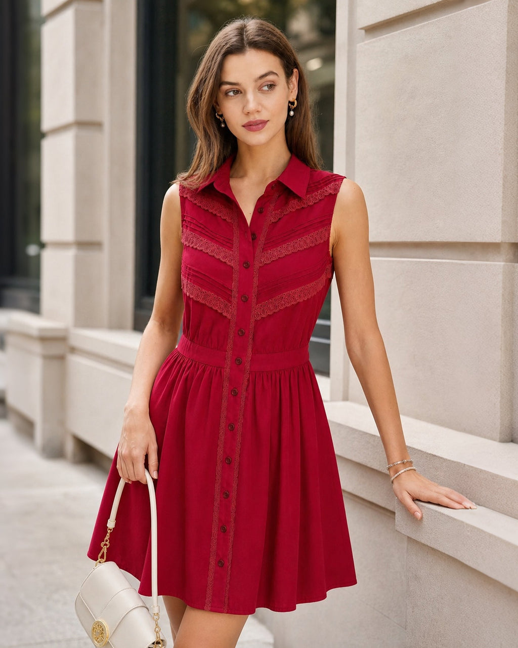 Mini Dress with Lace Button Details and Red Collar