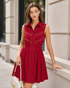 Mini Dress with Lace Button Details and Red Collar
