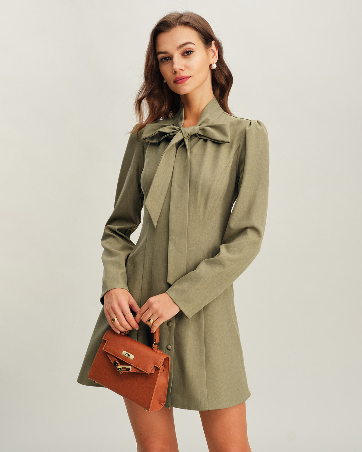 Green A-Line Mini Dress with Tie Neck Detail