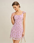 Jacquard Mini Dress with Purple Sweetheart Neckline