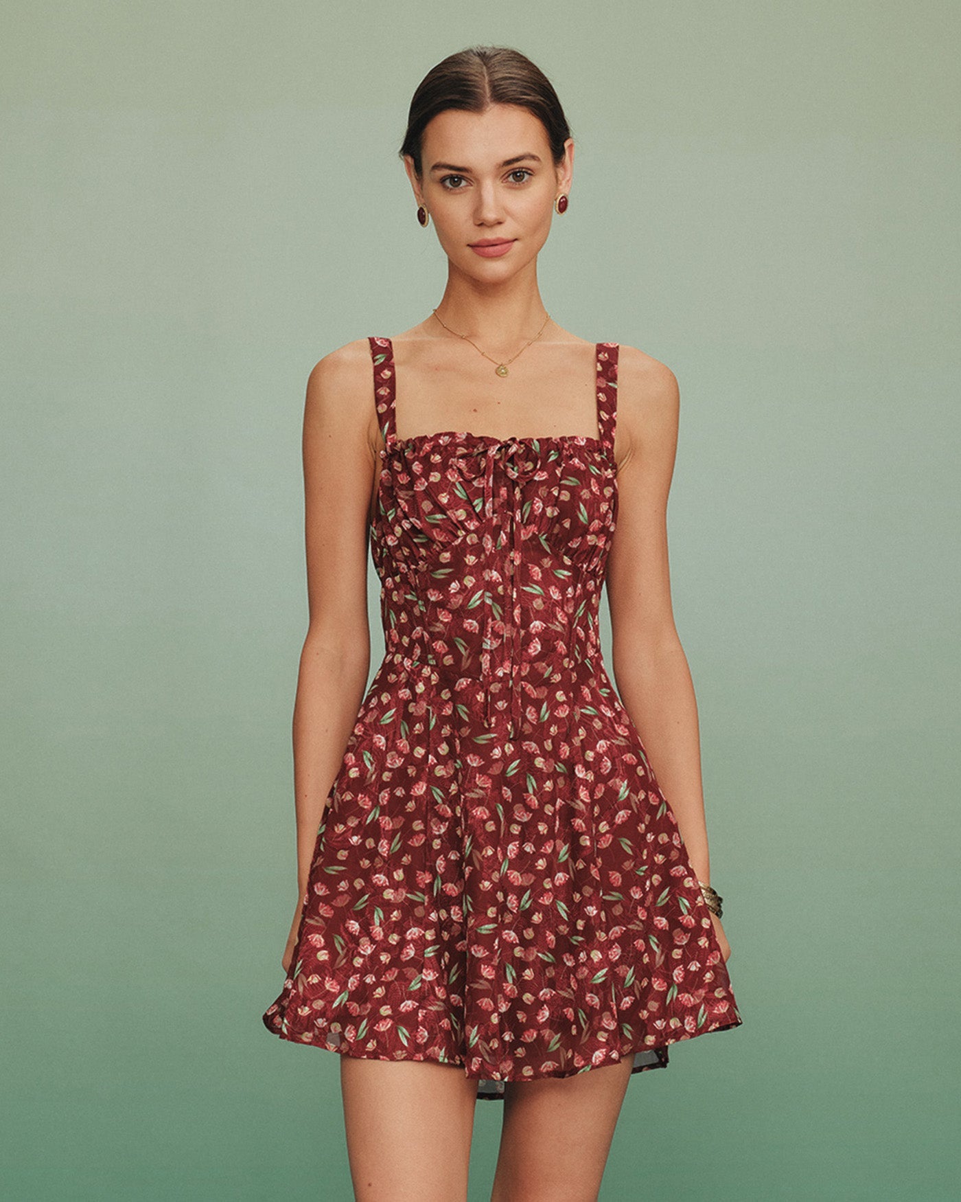 Floral Mini Dress with Red Tie Detail