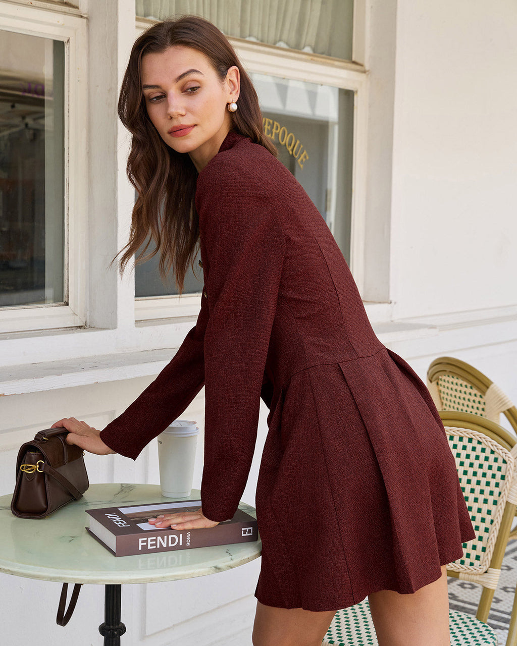 Wine Red Pleated Mini Dress with Button Detail
