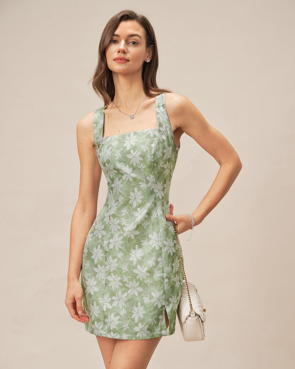 Floral Mini Dress with Green Square Neck and Slit Detail