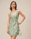 Floral Mini Dress with Green Square Neck and Slit Detail