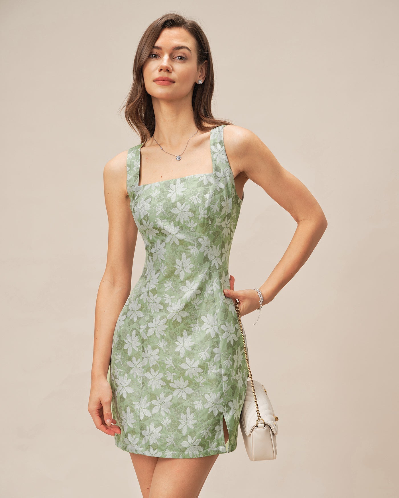 Floral Mini Dress with Green Square Neck and Slit Detail