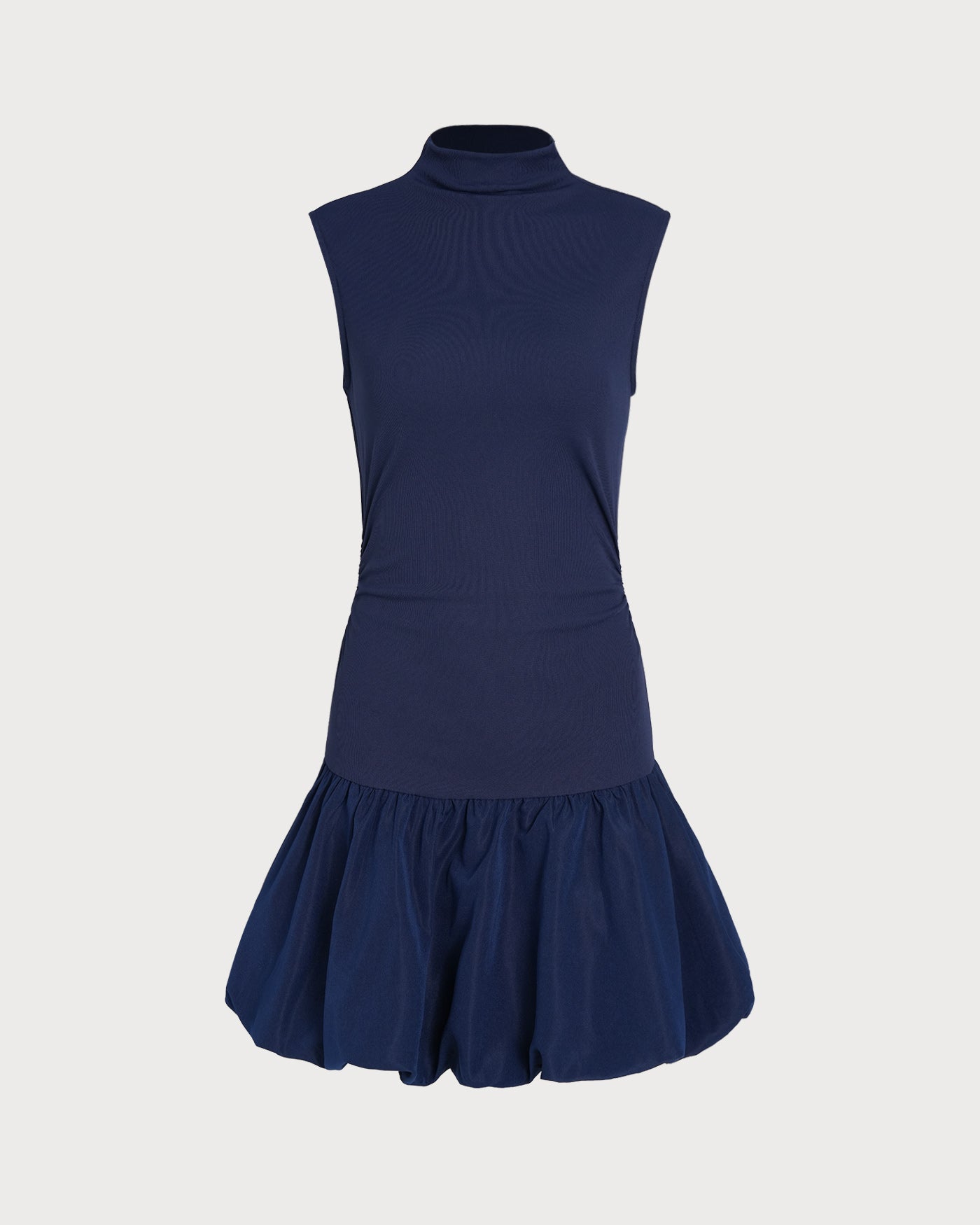 Navy Ruched Mini Dress with Mock Neck