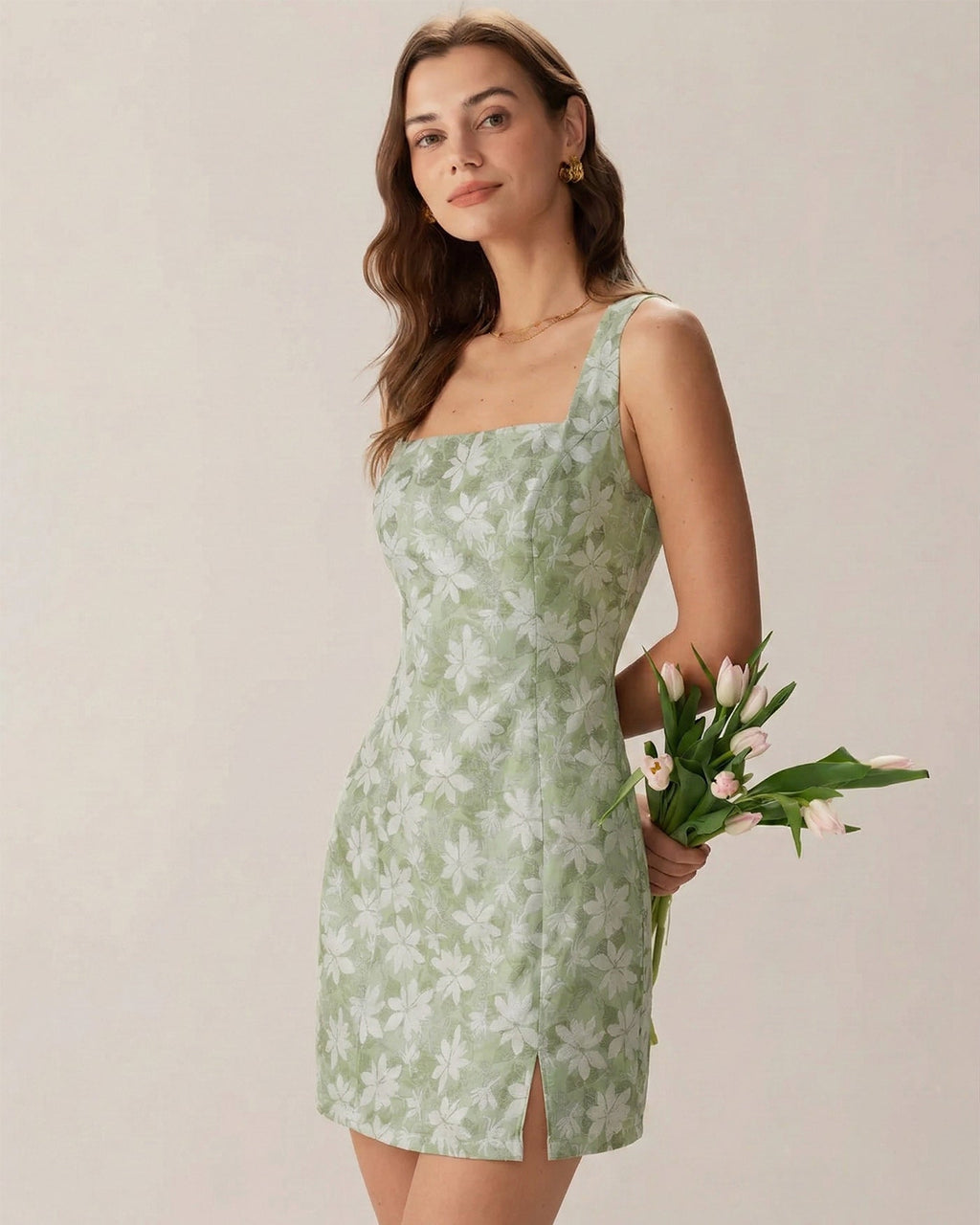 Floral Mini Dress with Green Square Neck and Slit Detail