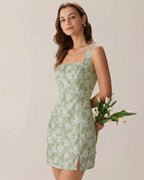 Floral Mini Dress with Green Square Neck and Slit Detail