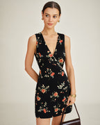 Floral A-Line Mini Dress in Black with V-Neck