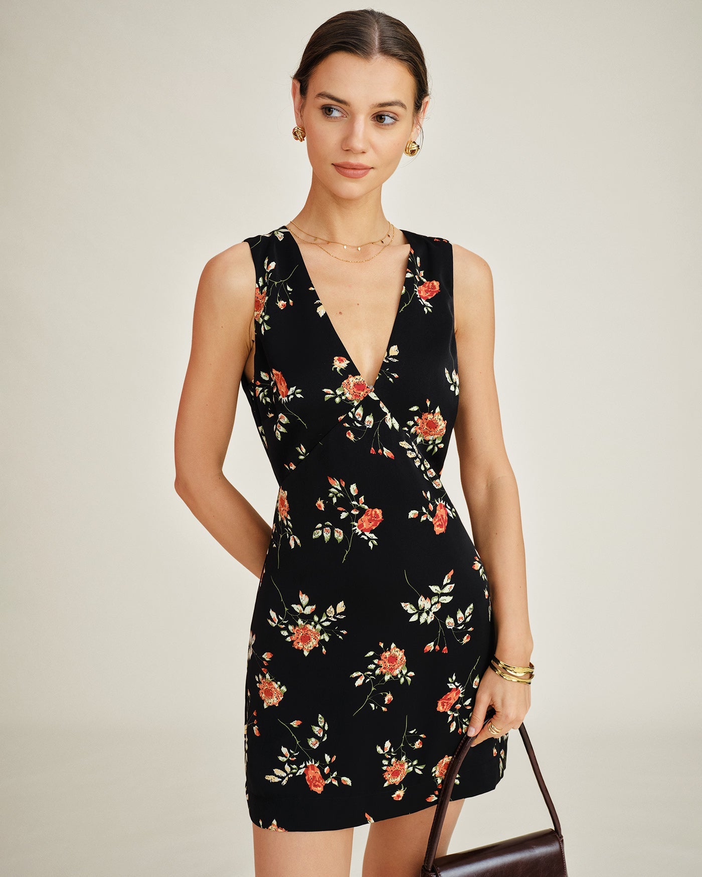 Floral A-Line Mini Dress in Black with V-Neck