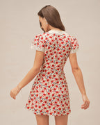 Floral Lace Mini Dress with Red V-Neck
