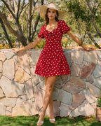 Polka Dot Mini Dress with Red Puffed Sleeves