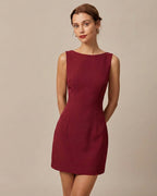 Crimson Backless Mini Dress with Boat Neck