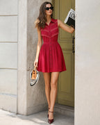 Mini Dress with Lace Button Details and Red Collar