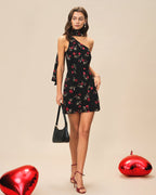 One-Shoulder Mini Dress in Black Jacquard