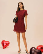 Floral Mini Dress with Red Boat Neck