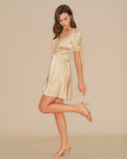 Apricot Lace Satin Mini Dress with V-Neck