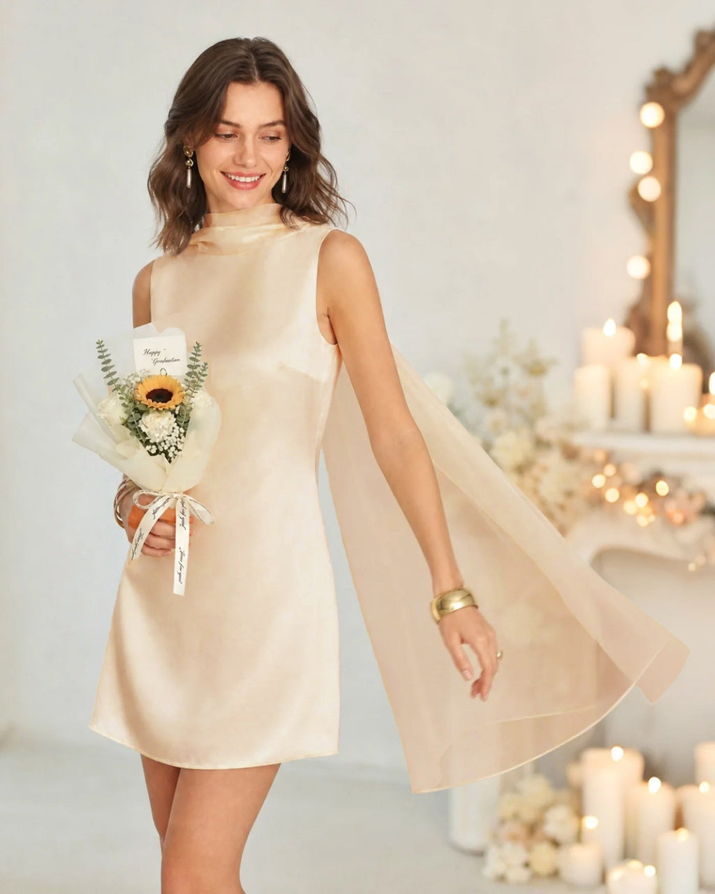 Apricot Satin Mini Dress with Boat Neck and Tie Detail