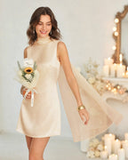 Apricot Satin Mini Dress with Boat Neck and Tie Detail