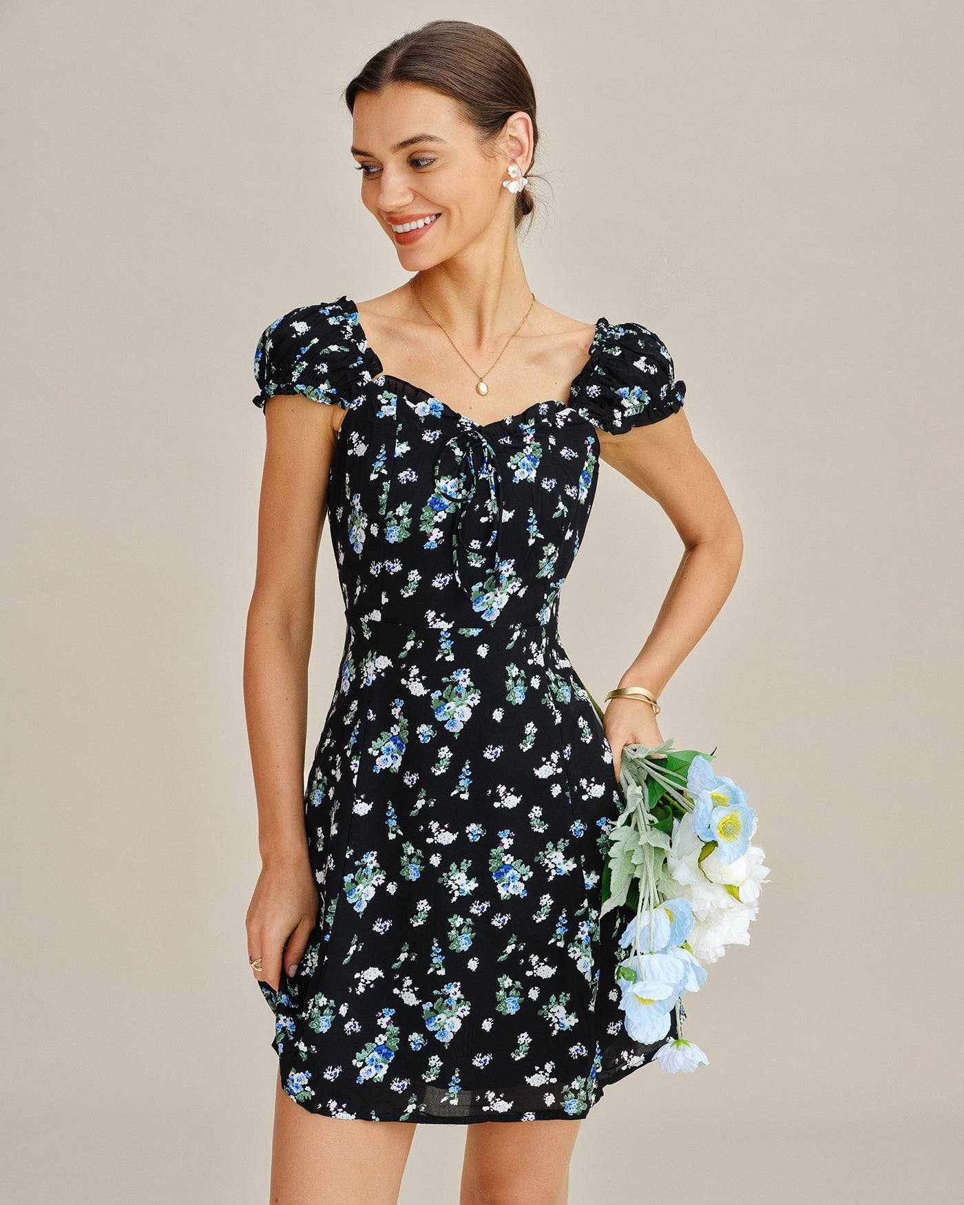 Floral Print Black V-Neck Mini Tunic Dress