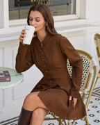 Brown A-Line Mini Dress with Ruched Detailing and Button Accents
