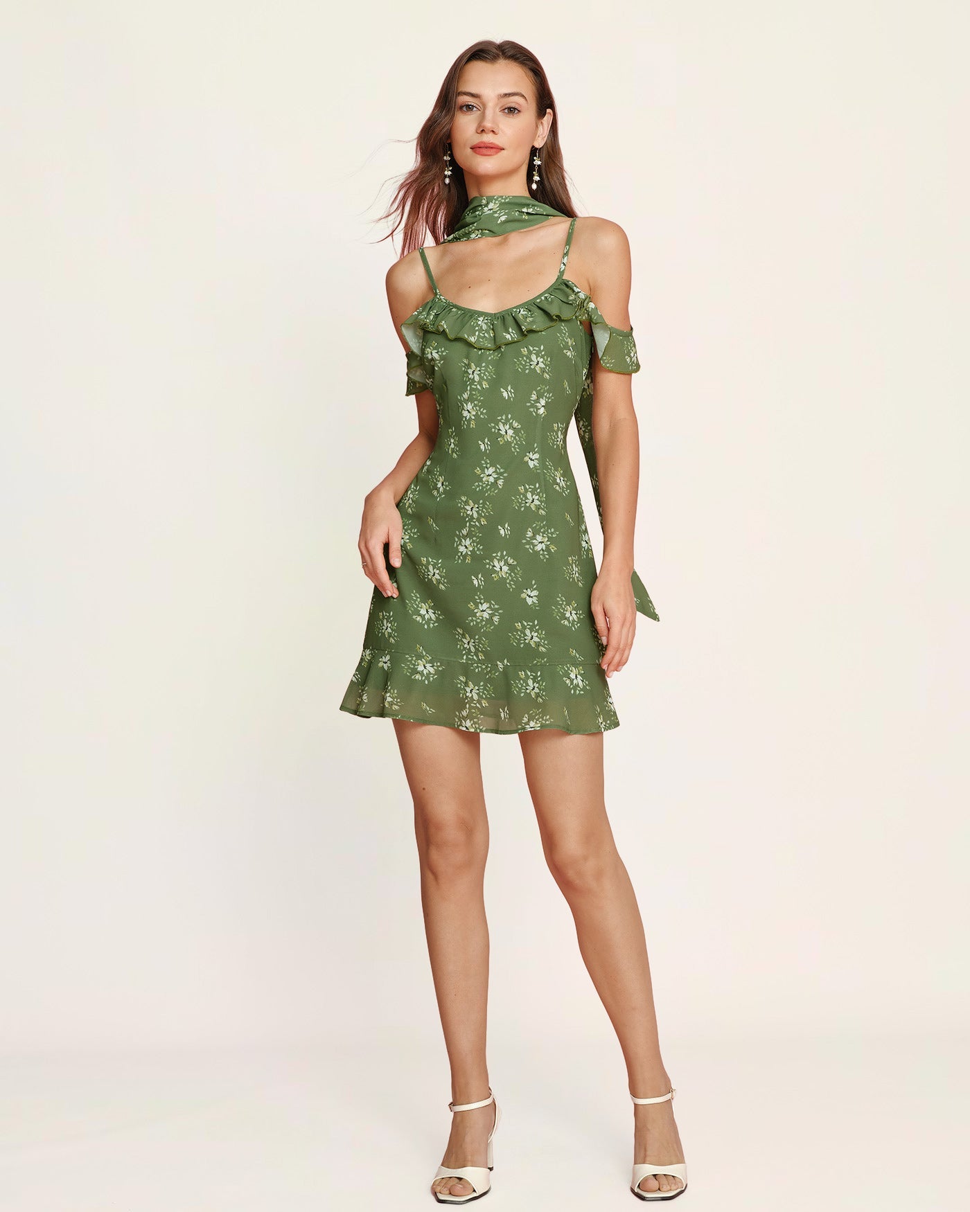 Floral Print Green Chiffon Mini Slip Dress