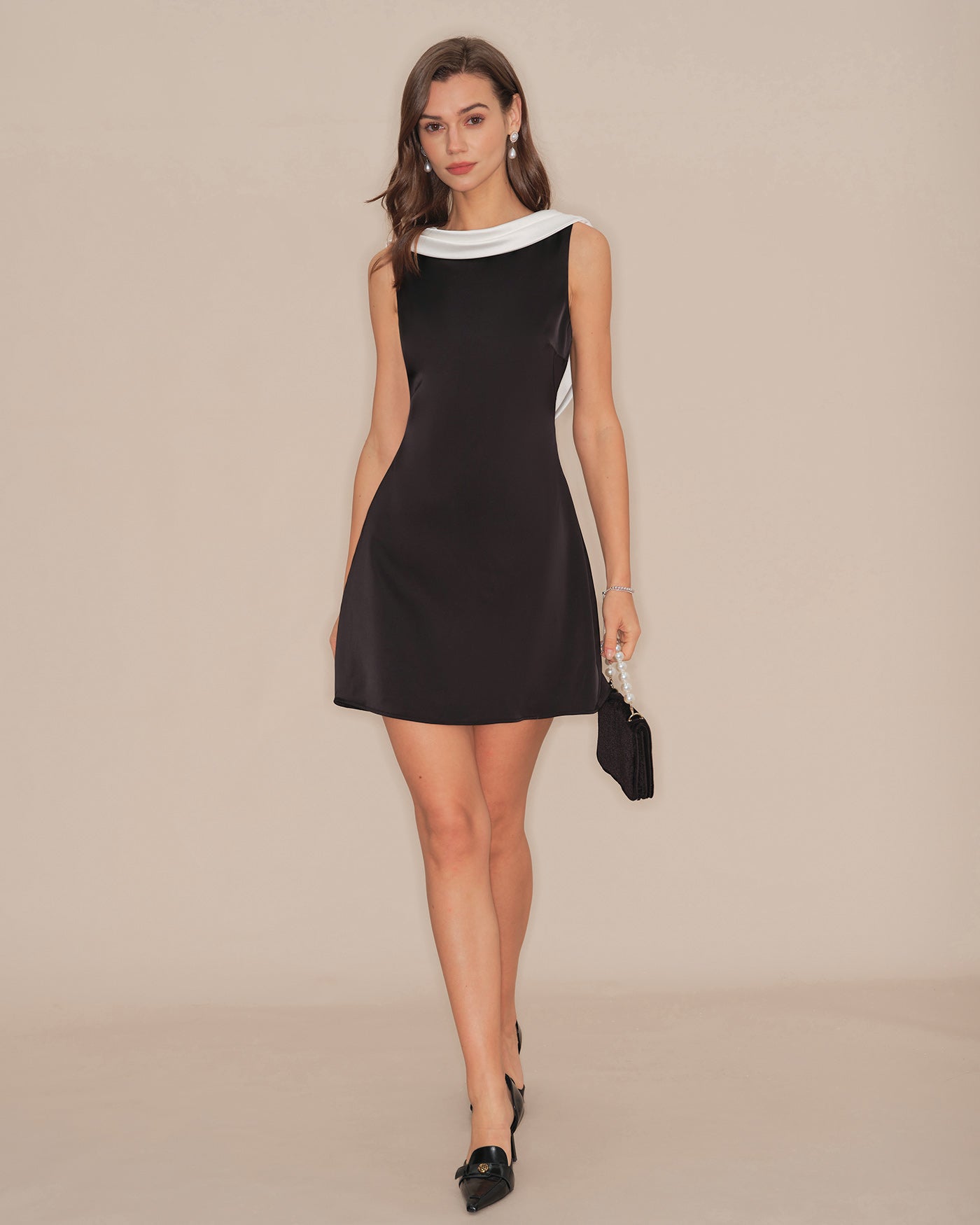 Backless Mini Dress with Black Cowl Neck