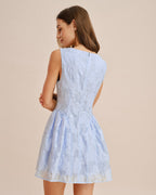 Jacquard Mini Dress with Blue Sweetheart Neckline