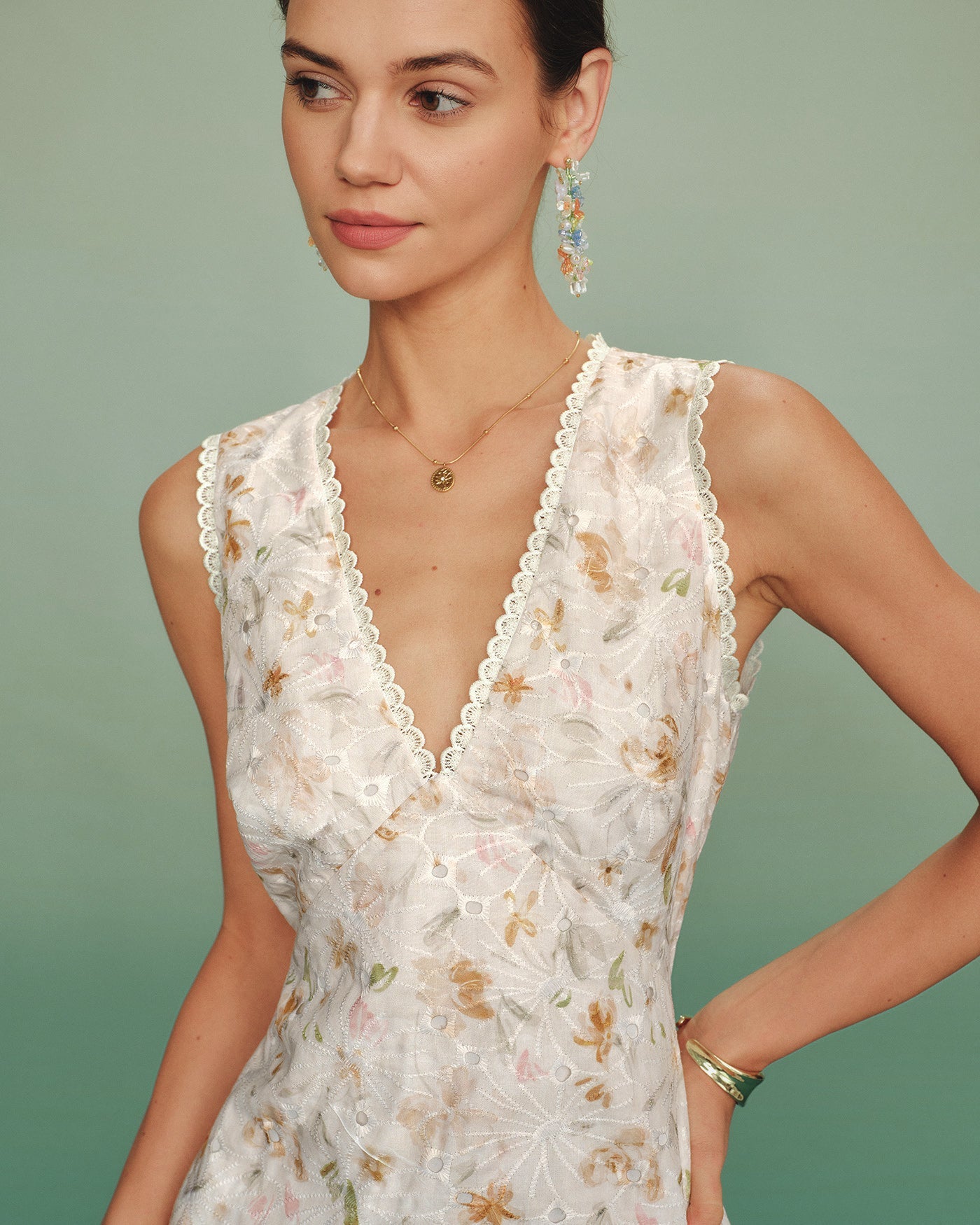 Floral Spliced Mini Dress in Apricot with V-Neck