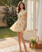 Floral Mini Dress in Soft Yellow with Turtle Print