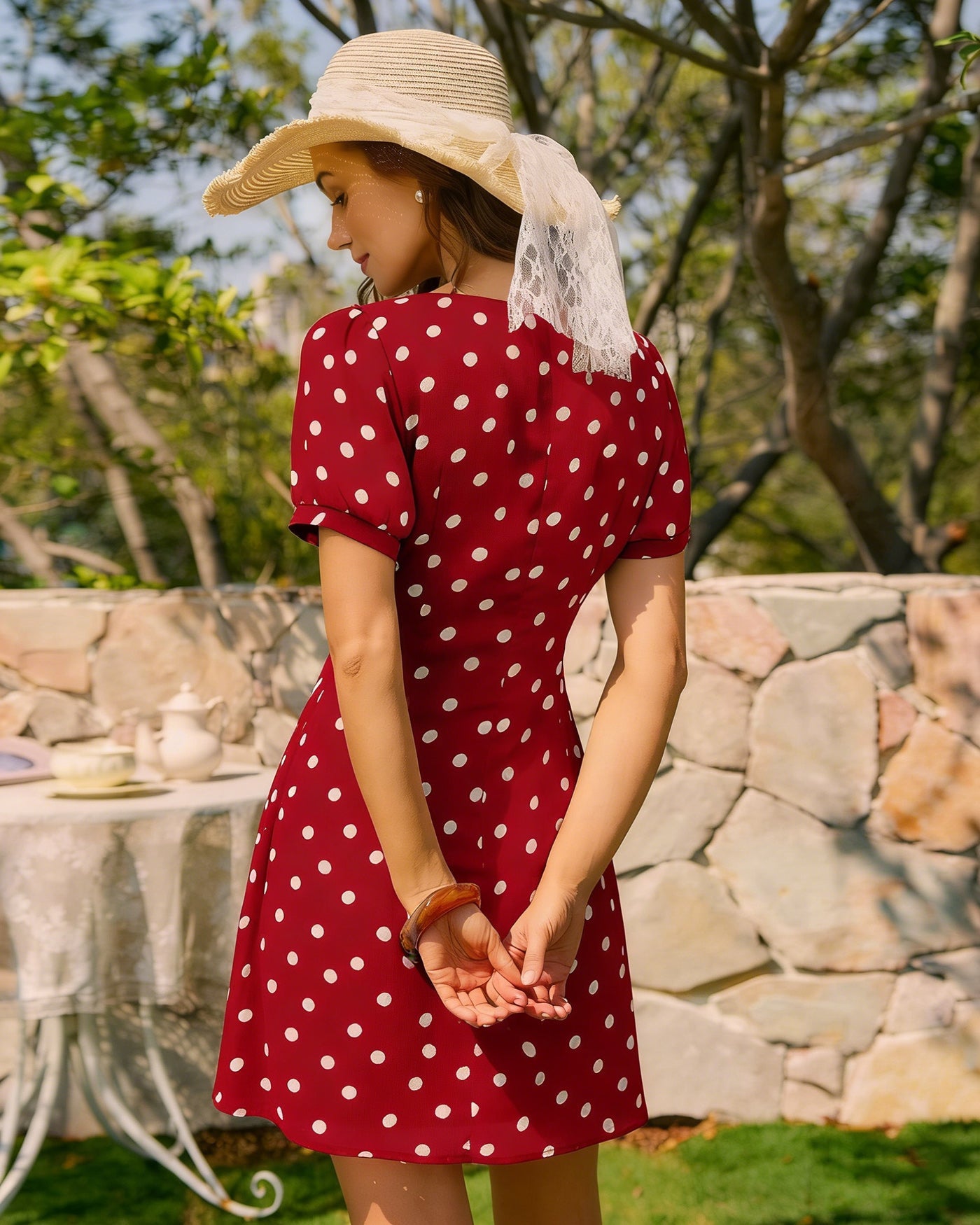 Polka Dot Mini Dress with Red Puffed Sleeves