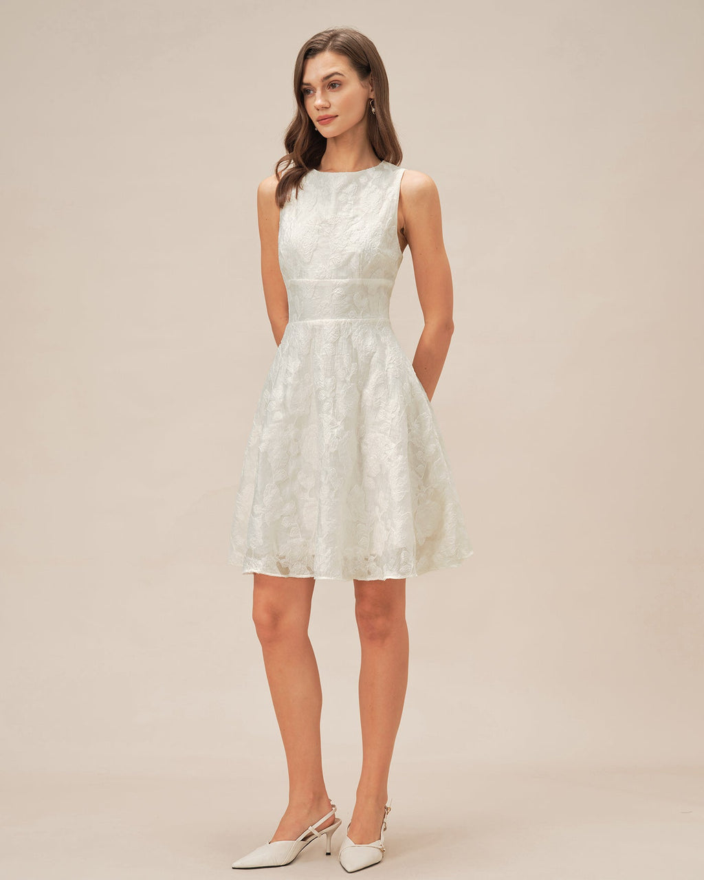 White Jacquard Mini Dress with Round Neck