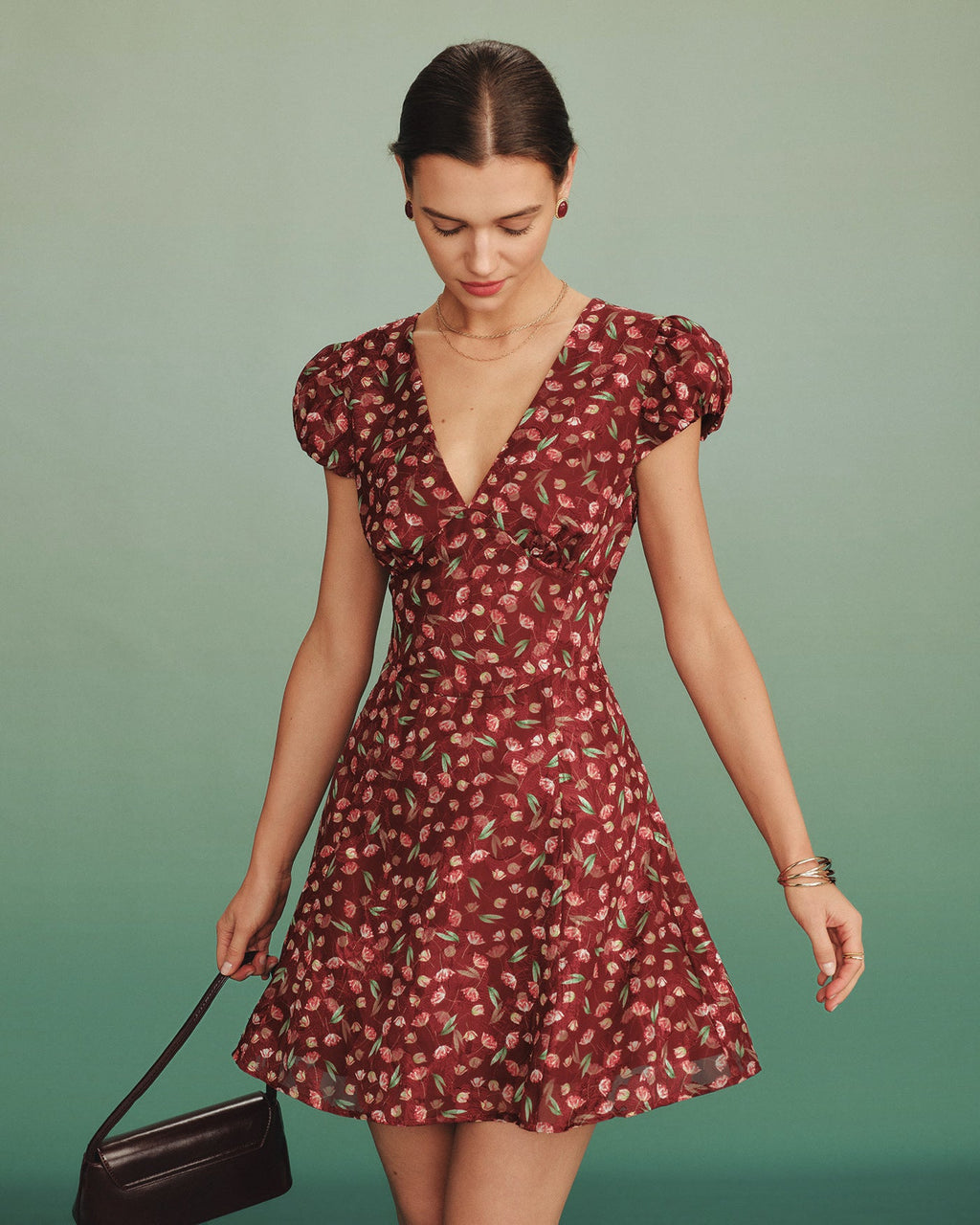 Red Jacquard V-Neck Mini Tunic Dress