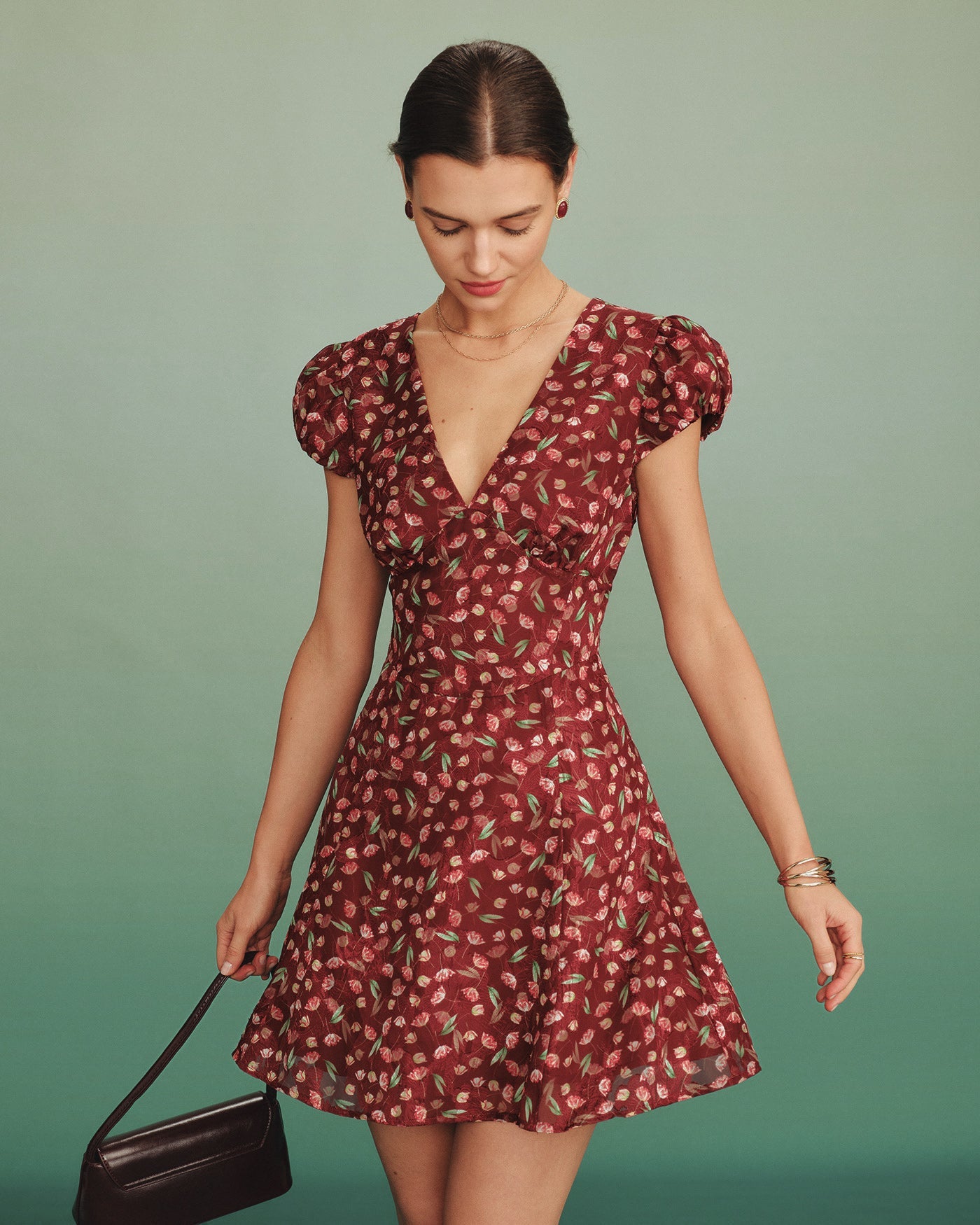 Red Jacquard V-Neck Mini Tunic Dress