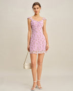 Jacquard Mini Dress with Purple Sweetheart Neckline