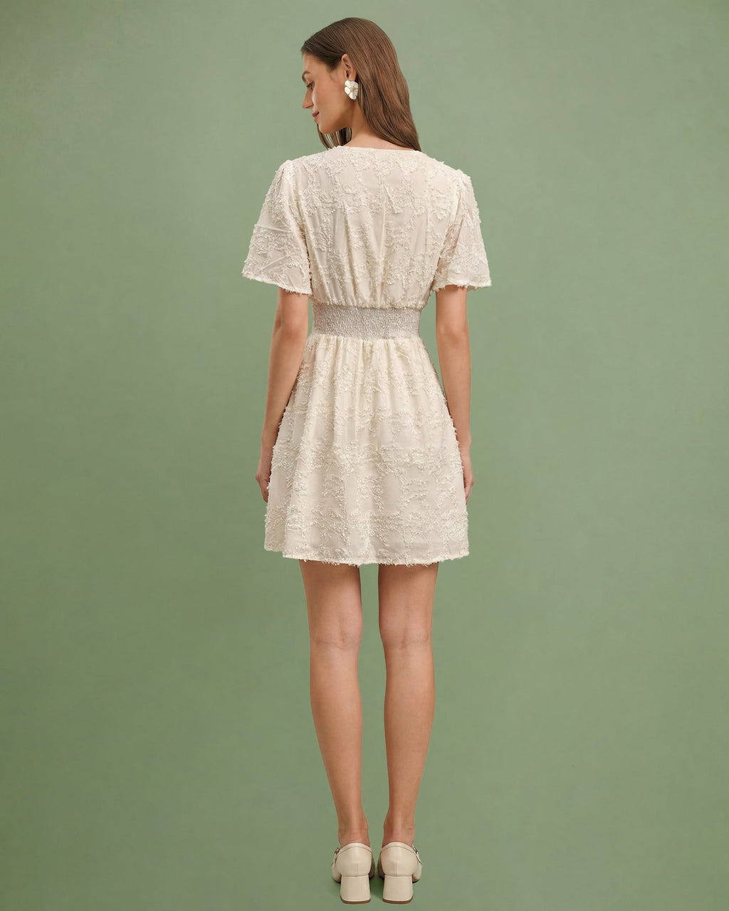 Textured Apricot V-Neck Mini Tunic Dress