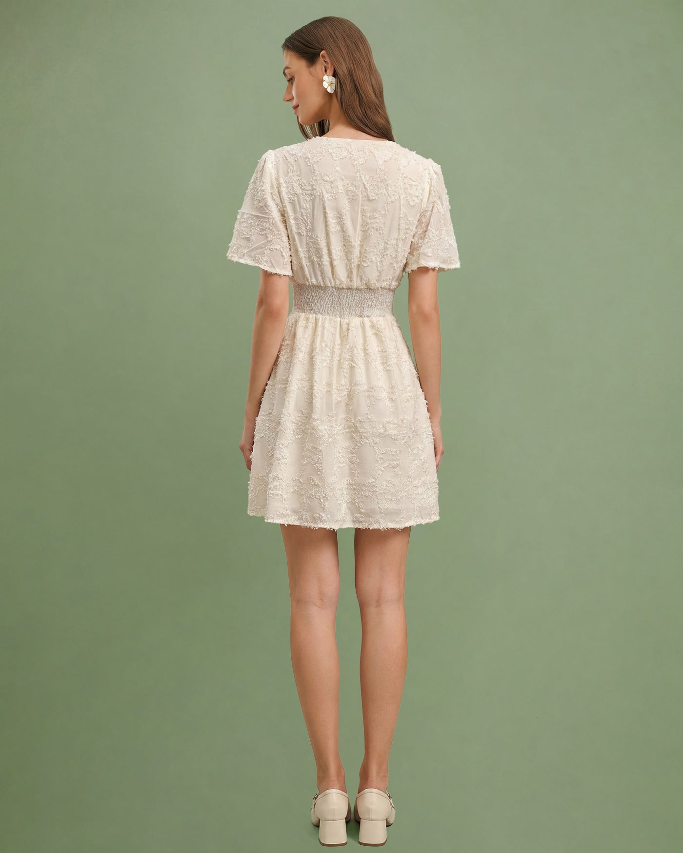 Textured Apricot V-Neck Mini Tunic Dress