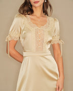 Apricot Lace Satin Mini Dress with V-Neck