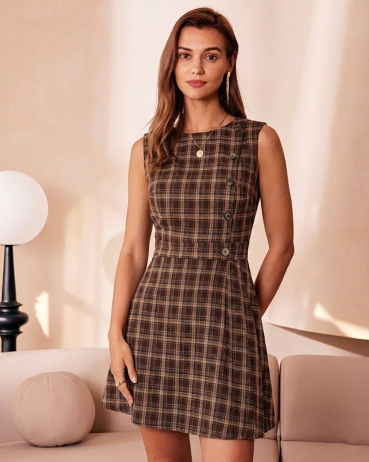 Brown Plaid Mini Dress with Sleeveless Design