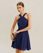 Navy A-Line Mini Dress in Chiffon