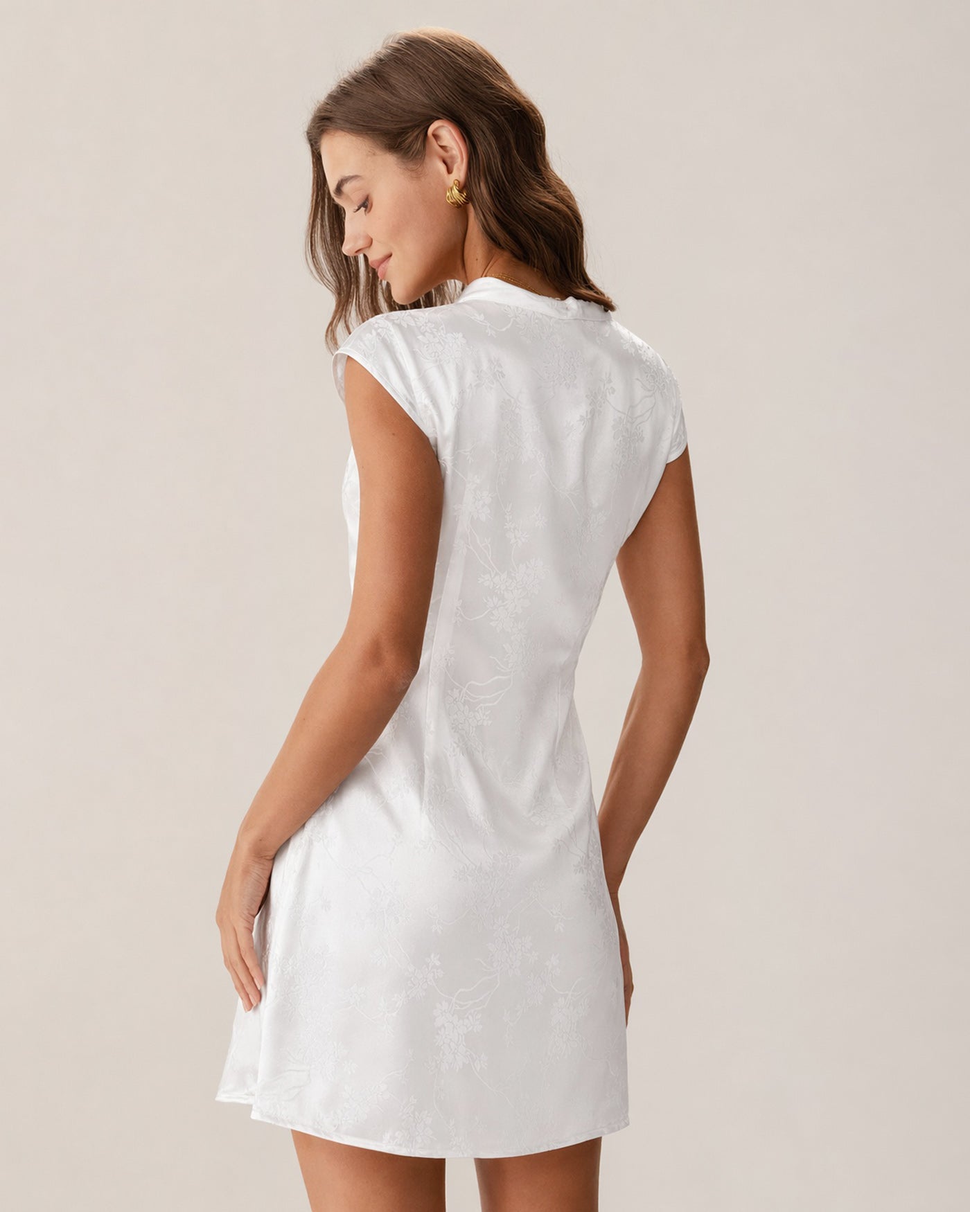 White Jacquard Mini Dress with Mandarin Collar